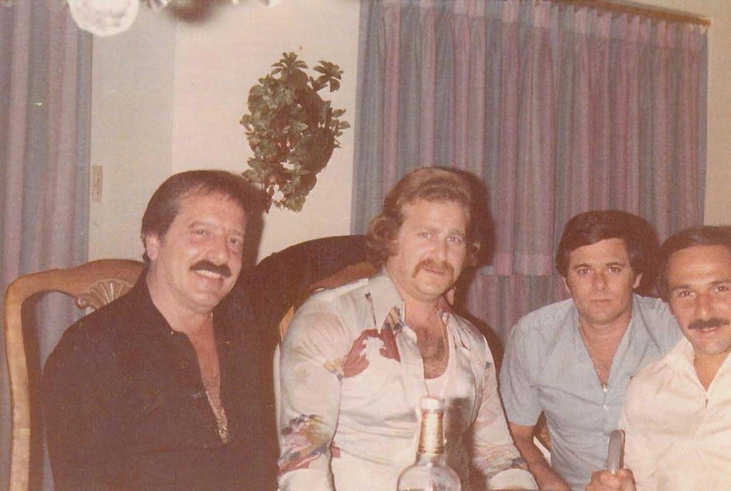 Linda's father with his crew. From left, Robert “Bobby Zam” Zambardi, unknown, Joseph “Joe Brewster” DeDomenico.